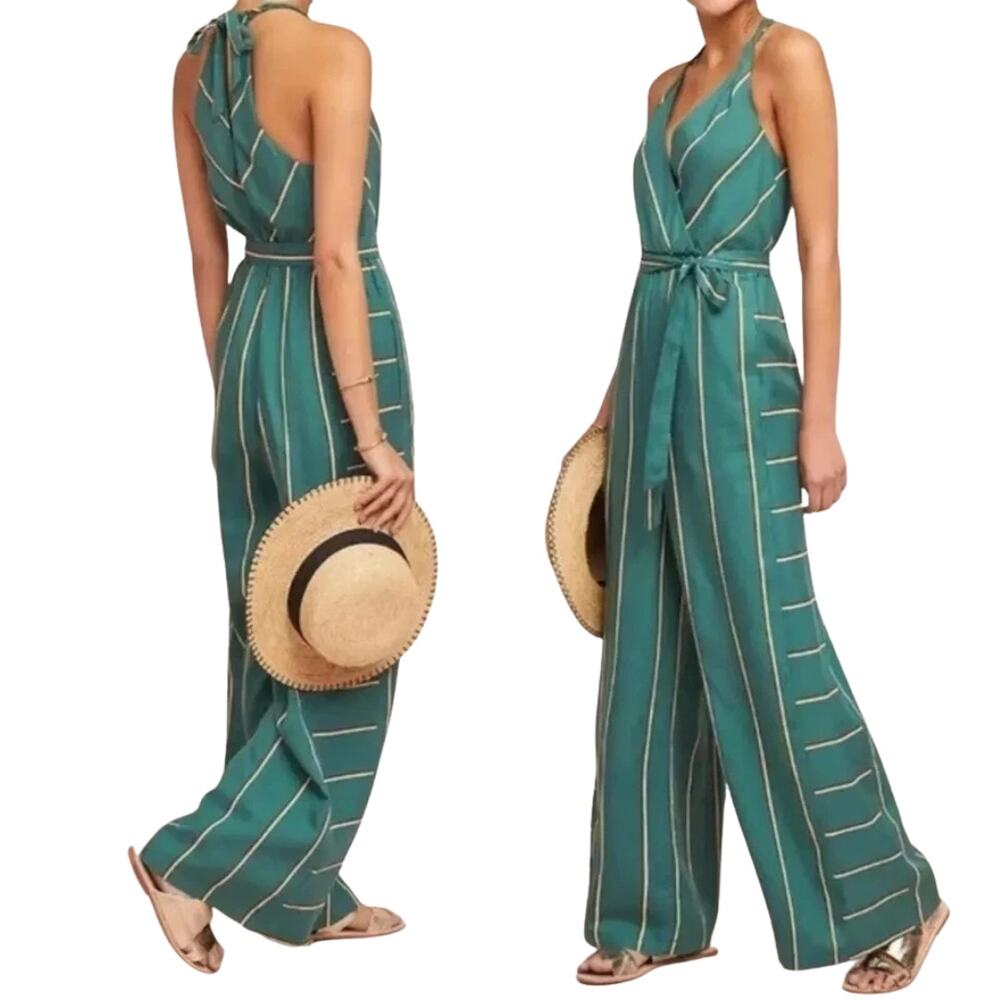 Anthropologie Ett:Twa Size XS Portsmouth Striped Jumpsuit Linen Blend Wide Leg